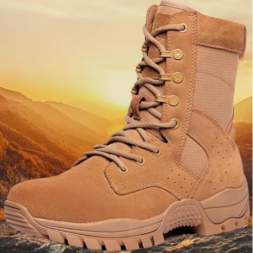 季狮（JISHI）新式21棕色作战靴超轻高帮侧拉链透气训练真皮登山鞋